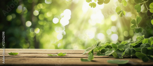 Green four leaf clover on table, rare fourleaf nature spring leaves floral natural grass plant background, good luck shamrock and lucky charm fortune concept, Saint Patricks Day symbol .