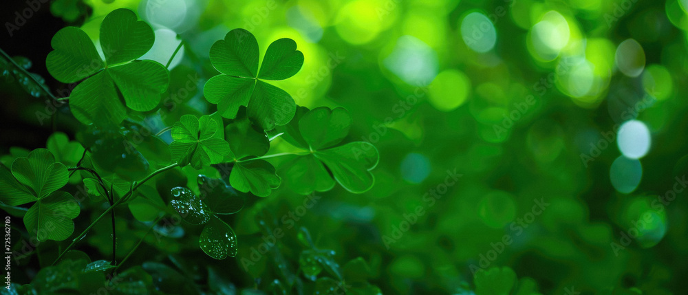 Green four leaf clover, rare fourleaf nature spring leaves floral background with water drops, good luck shamrock and lucky charm fortune, prosperity concept, Saint Patricks Day symbol . Green four leaf clover, rare fourleaf nature spring leaves floral background with water drops, good luck shamrock and lucky charm fortune, prosperity concept, Saint Patricks Day symbol .