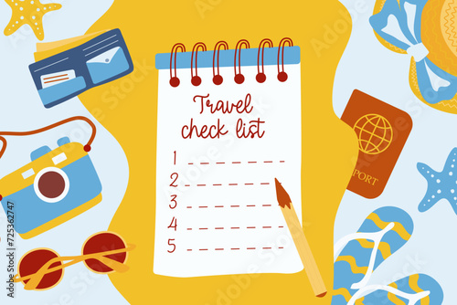 Packing list for planning a trip. Travel check list.Preparing for a vacation.Vector illustration