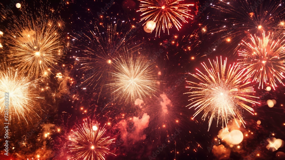 Bright beautiful epic fireworks on black background