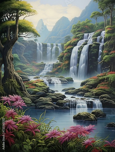 Majestic Waterfall Landscapes: Captivating Beach Scene Painting with Lagoon Waterfalls