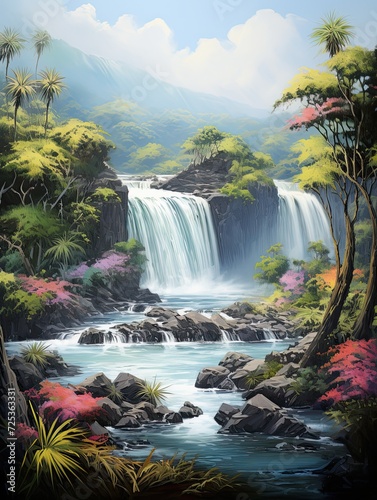 Captivating Lagoon Waterfalls  Majestic Beach Scene Painting and Breathtaking Water Landscapes