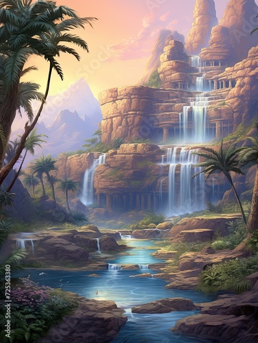 Marvelous Oasis Waterfall Views  Captivating Majestic Waterfall Landscapes and Enchanting Desert Landscape Art Exhibition
