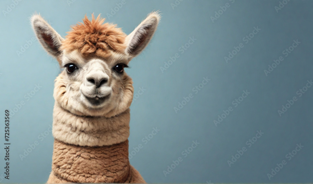 Funny alpaca llama, smiling, showing approving thumbs up to appreciate good work or product. Wide banner with copy space side. Generative AI