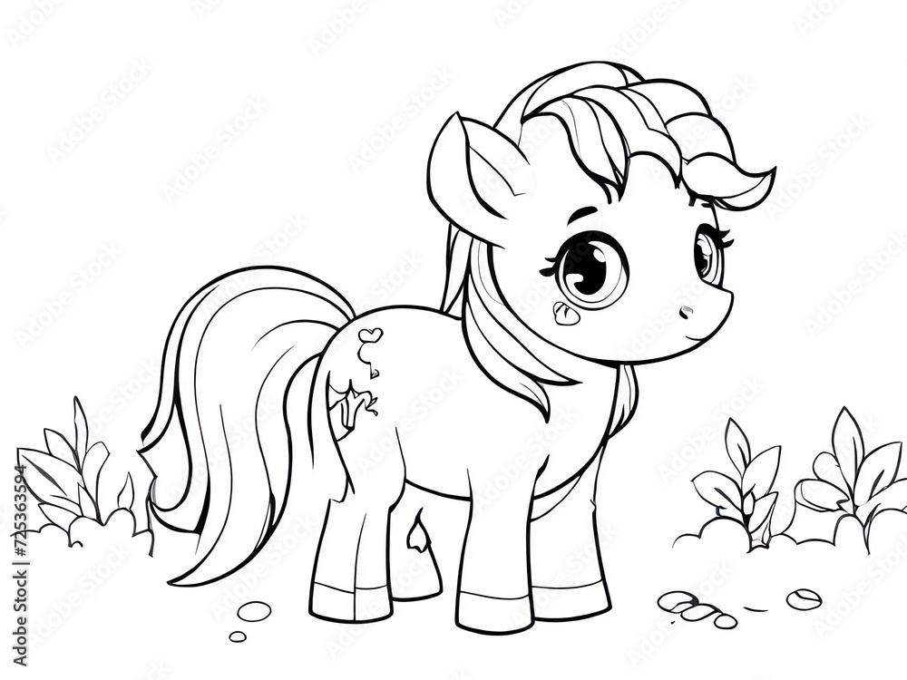 Cute Little Pony Cartoon Coloring Page. Suitable For printable children's, kids and adult coloring page or book