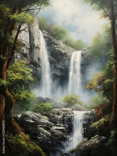 Majestic Waterfall Landscapes: Rustic Wall Decor Featuring Cliffside Cascade Art