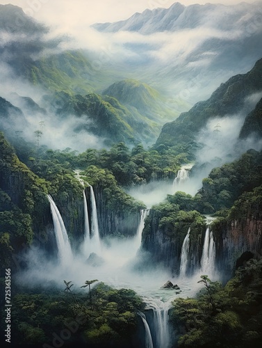 Majestic Aerial View: Scenic Vista Wall Art of Captivating Waterfall Landscapes
