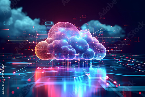 Digital data processing in the virtual cloud abstract background. Glowing digital cloud with pixels, lines, connectivity, and data flow in the virtual world. Cloud computing Background.