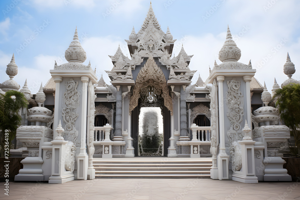 Grand Royal Palace Entrance - Embossed Steel Gate Supported By Stone Pillars with Manicured Bonsai Flanking