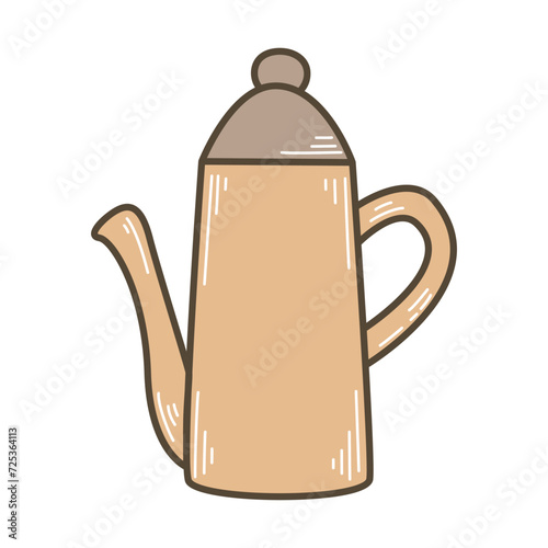 Cute ceramic teapot for making tea. Kitchen utensil for tea drinking, clip art. Tall stylized kettle doodle sketch style, isolated vector illustration