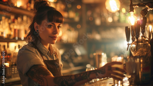 Stylish hipster girl with tattoos. Bartender behind the bar.