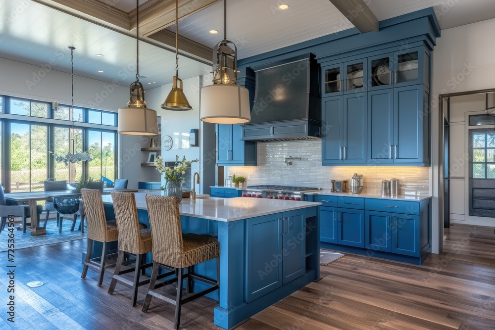 Modern Farmhouse Blue Kitchen with Blue Cabinets and Island Stock Photo ...