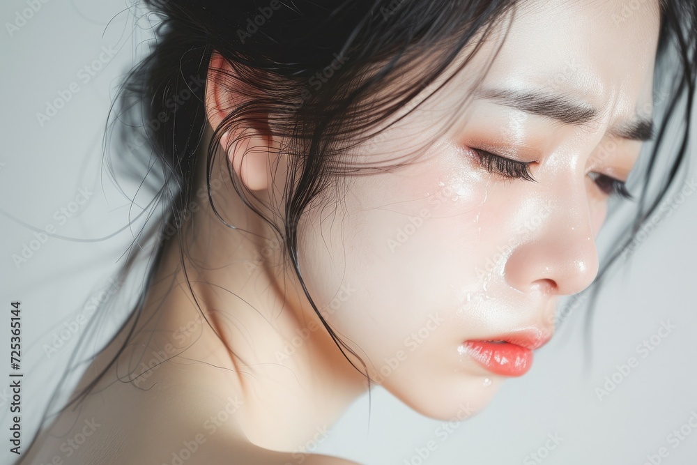 Naklejka premium 悲しい表情で涙を流している日本人女性（悲しい・泣く・号泣）