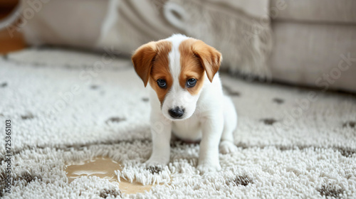 Cute puppy sitting on carpet