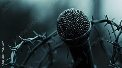Close-up of a microphone surrounded by barbed wire. photo