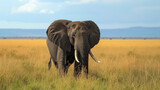 African elephant Loxodonta africana walks swinging trunk in sunshine in Serengeti national park in Tanzania