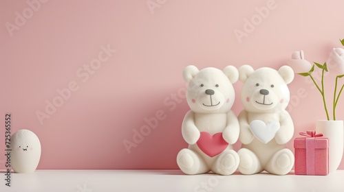Valentine's Day background with two cute bears 3D, heart, flower, and gift 3d, pink background. Valentine’s Day concept. Flat lay, copy space
