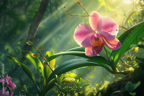 Pink Orchid Flower in the Forest Cinematic View with Sun Rays