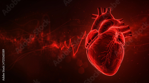 Abstract human heart shape with red cardio pulse line. Creative stylized red heart cardiogram with human heart on black background. Health, cardiology, cardiovascular diseases concept.