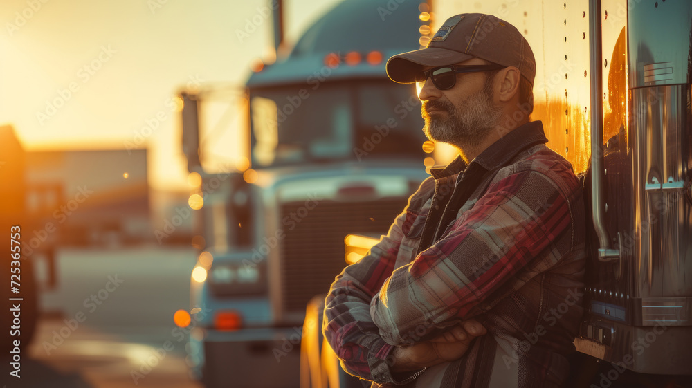 A serious male driver next to his truck in the rays of the setting sun. A serious male driver next to his truck in the rays of the setting sun.