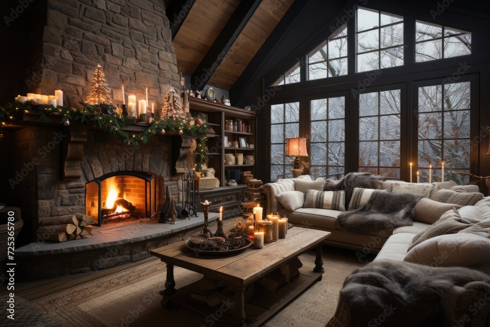 A warm and inviting living room with a crackling fireplace and beautifully decorated for the holiday season A warm and inviting living room with a crackling fireplace and beautifully decorated for the holiday season