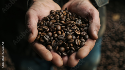 Male hands hold a handful of coffee beans.