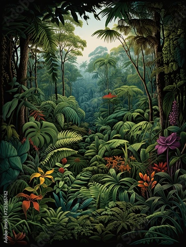 Rainforest Animal Illustrations  Dense Foliage Canvas Print - Captivating Landscape