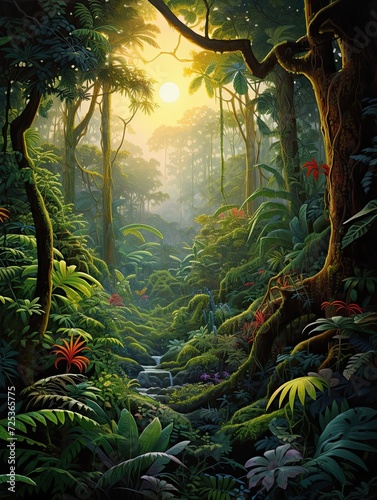 Rainforest Animal Illustrations: A Serene Dawn in the Vibrant Rainforest