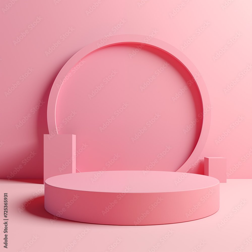 3D podium render of pink round background for cosmetic products. Bright pastel pink podium or pedestal backdrop. 
