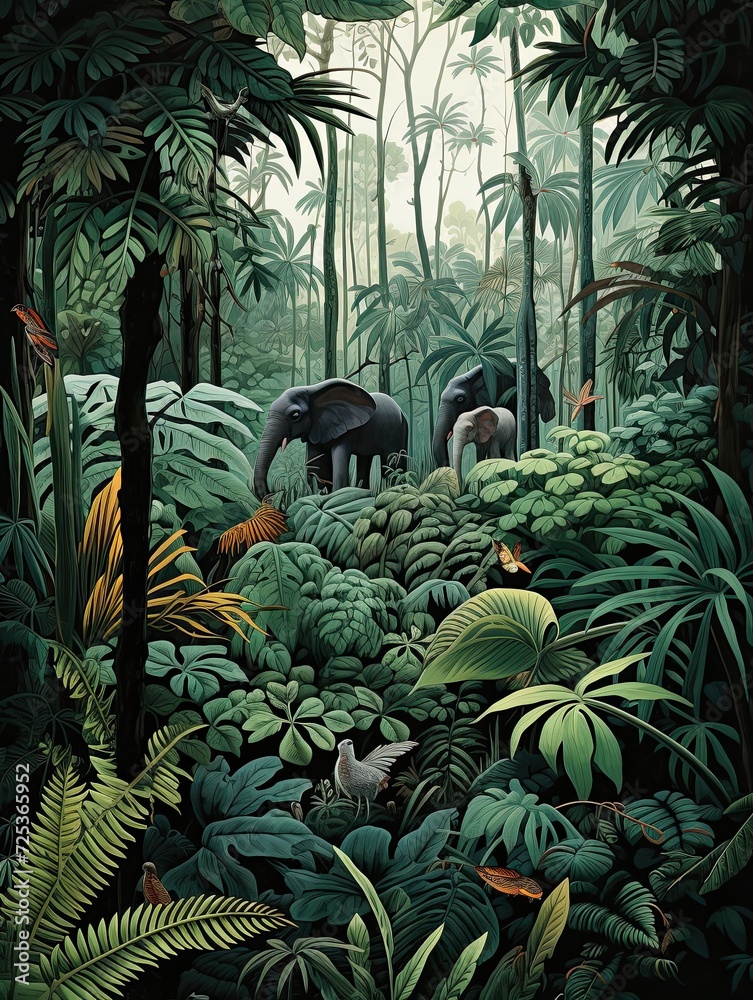 Fototapeta premium Rainforest Animal Illustrations: Seascape Art Print in Coastal Jungles