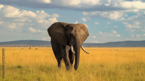 African elephant Loxodonta africana walks swinging trunk in sunshine in Serengeti national park in Tanzania