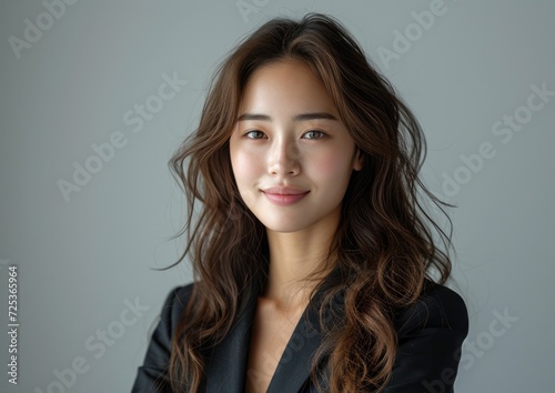 businesswoman  happy smiling female  wearing suit  light clean background