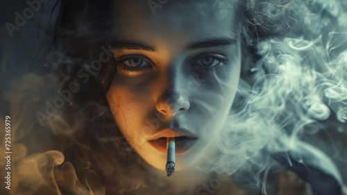 Beautiful girl with a cigarette in the smoke.