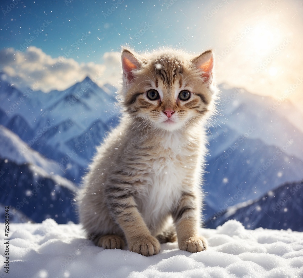 Cute kitten sitting on snow and looking at mountains. Winter vacation concept