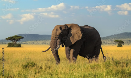 African elephant Loxodonta africana walks swinging trunk in sunshine in Serengeti national park in Tanzania © STORYTELLER AI