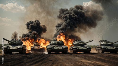 military tank, in fire and smoke