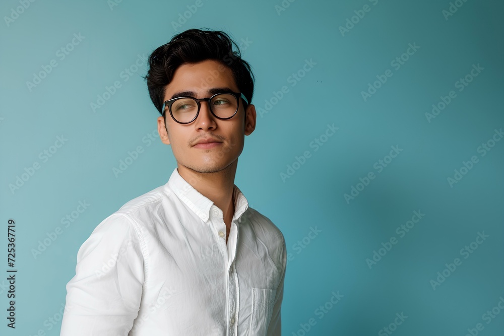 a composed young man in glasses and white shirt posing against a blue background. generative AI a composed young man in glasses and white shirt posing against a blue background. generative AI