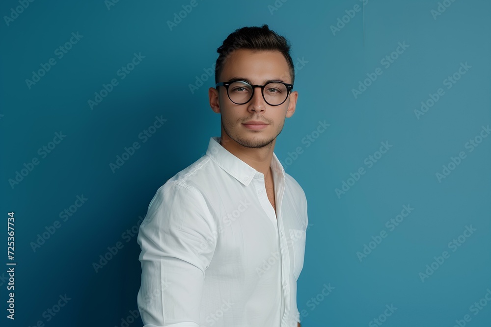 a composed young man in glasses and white shirt posing against a blue background. generative AI a composed young man in glasses and white shirt posing against a blue background. generative AI