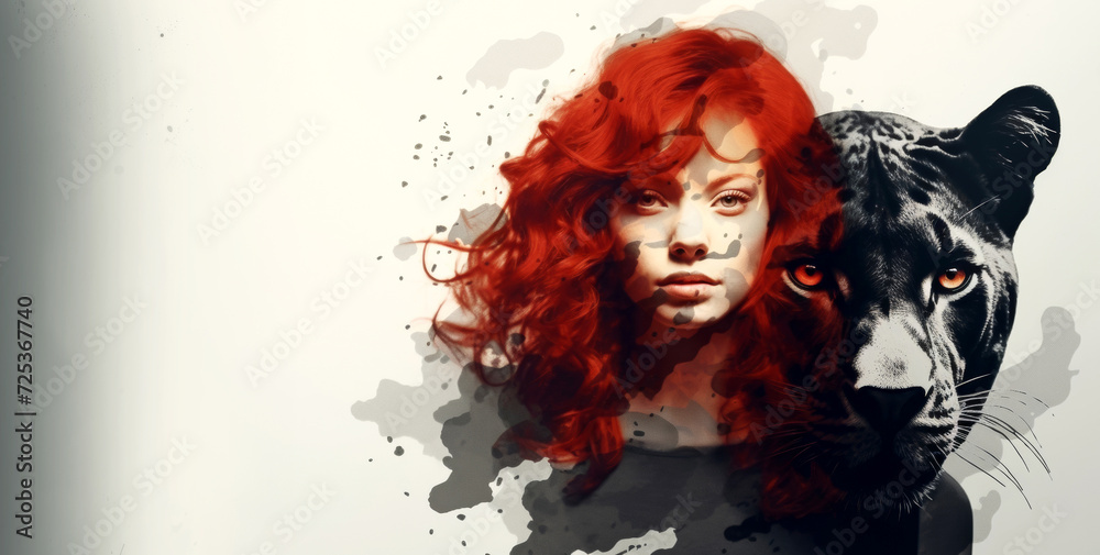 Double exposure of ginger woman and black leopard. Wild strong cat