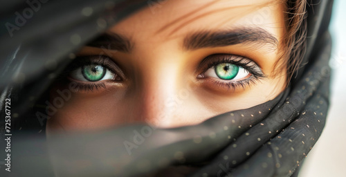 Portrait of a young Arab woman in black hijab with green eyes. Traditional clothing. Banner