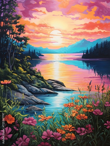 Vibrant Lakeside Serenity  Captivating Nature Art with Colorful Views