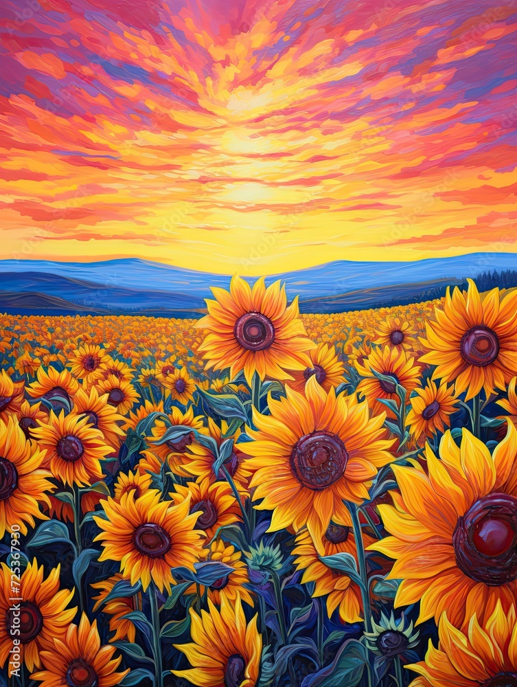 Fototapeta premium Bold Sunflower Colors: Acrylic Landscape Art featuring Stunning Sunflower Field Paintings