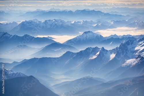 un paysage de silhouettes de montagnes au sommets enneigés - generative AI © shocky