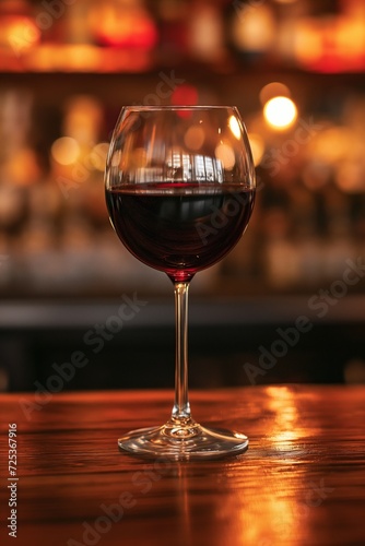 A single glass of red wine on a wooden bar counter against blurred background