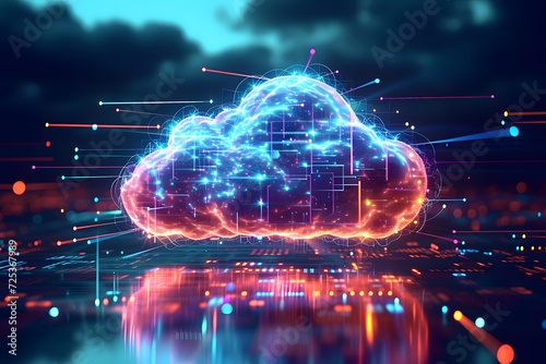 Digital data processing in the virtual cloud abstract background. Glowing digital cloud with pixels, lines, connectivity, and data flow in the virtual world. Cloud computing Background.