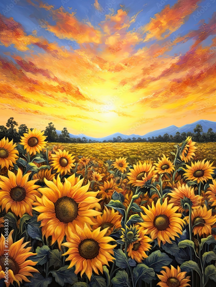 Golden Hour in Fields: Vibrant Sunflower Field Paintings with Stunning Sunset Palette