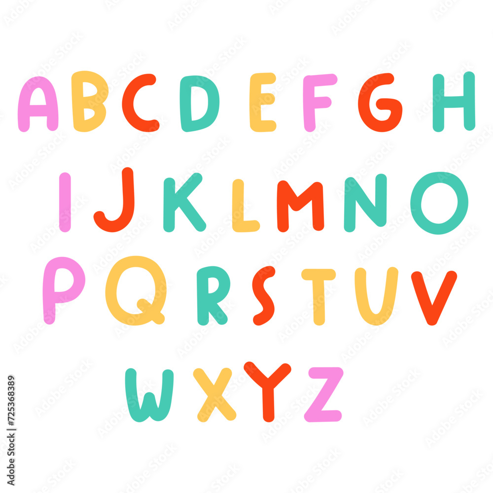 Cute colorful alphabet. Children education. Flat design. Hand drawn vector illustration