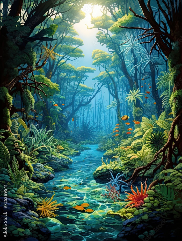 Tropical Coral Reef Paintings: Exploring Rainforest Landscapes and Aquatic Forests in Dense Coral Regions.