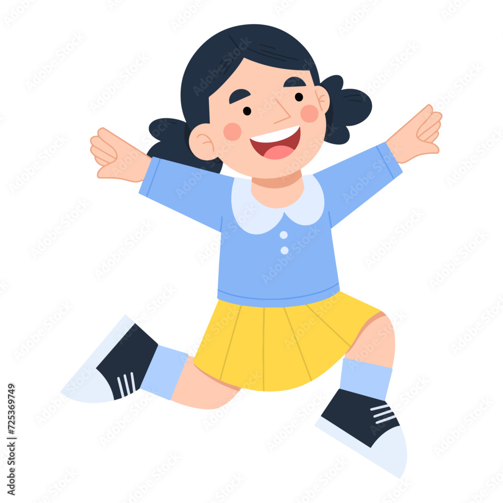 Vector illustration of little girl jumping and feeling happy