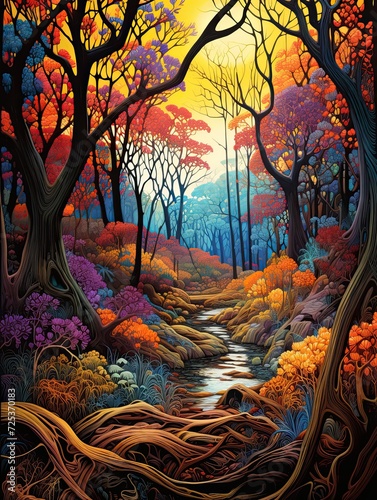 Vibrant Autumnal Forests: Seascape Art Print, Beaches, and Branches